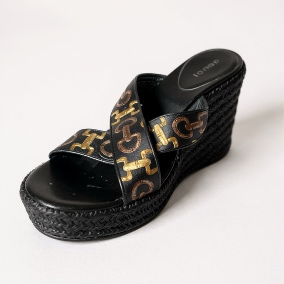 GUCCI WEDGE ESPADRILLE SHOES SLIDES LOGO 6.5
